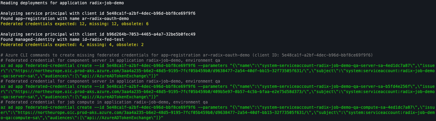 rx CLI: app configuration showing missing federated credentials