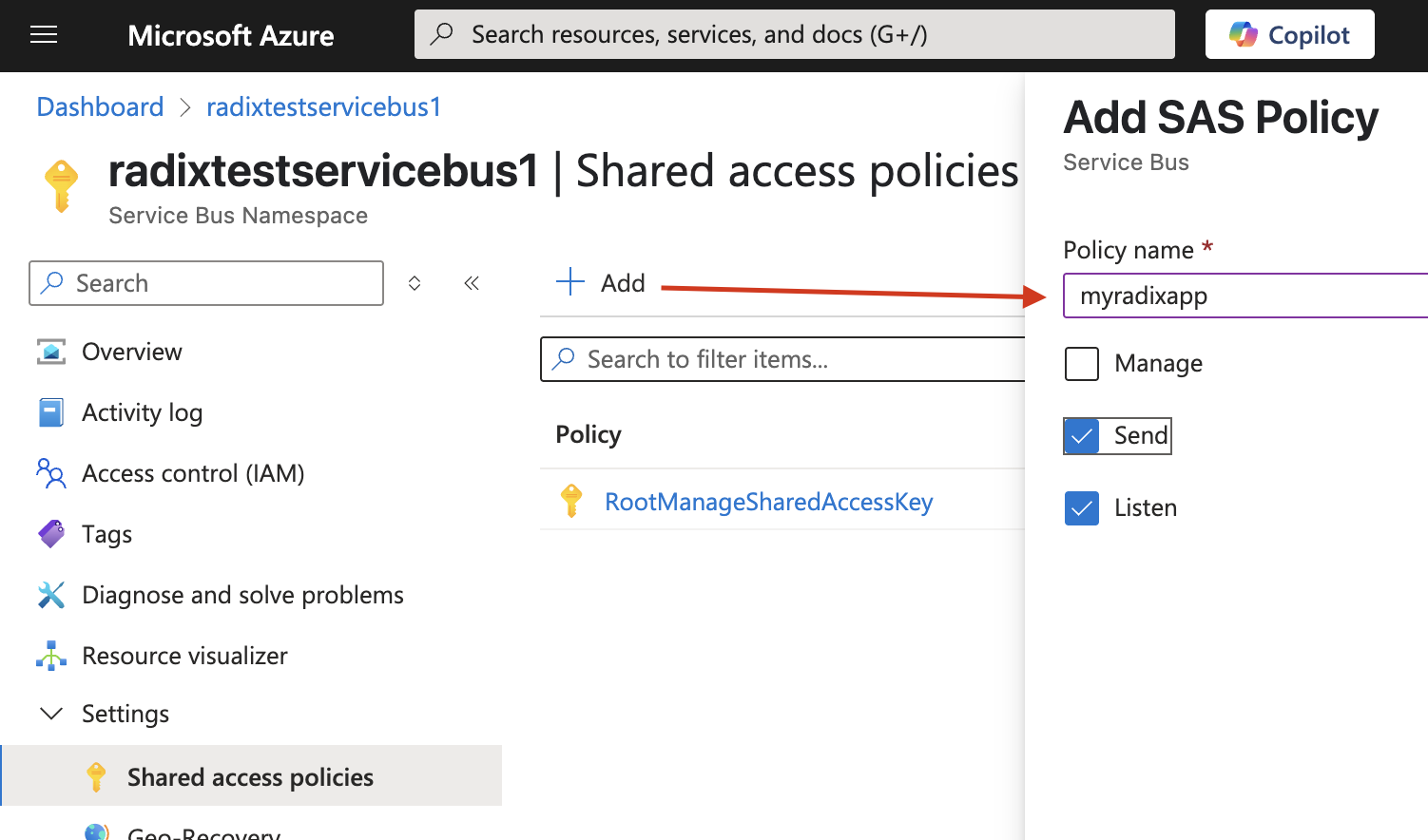 Shared access policy for event hub instance